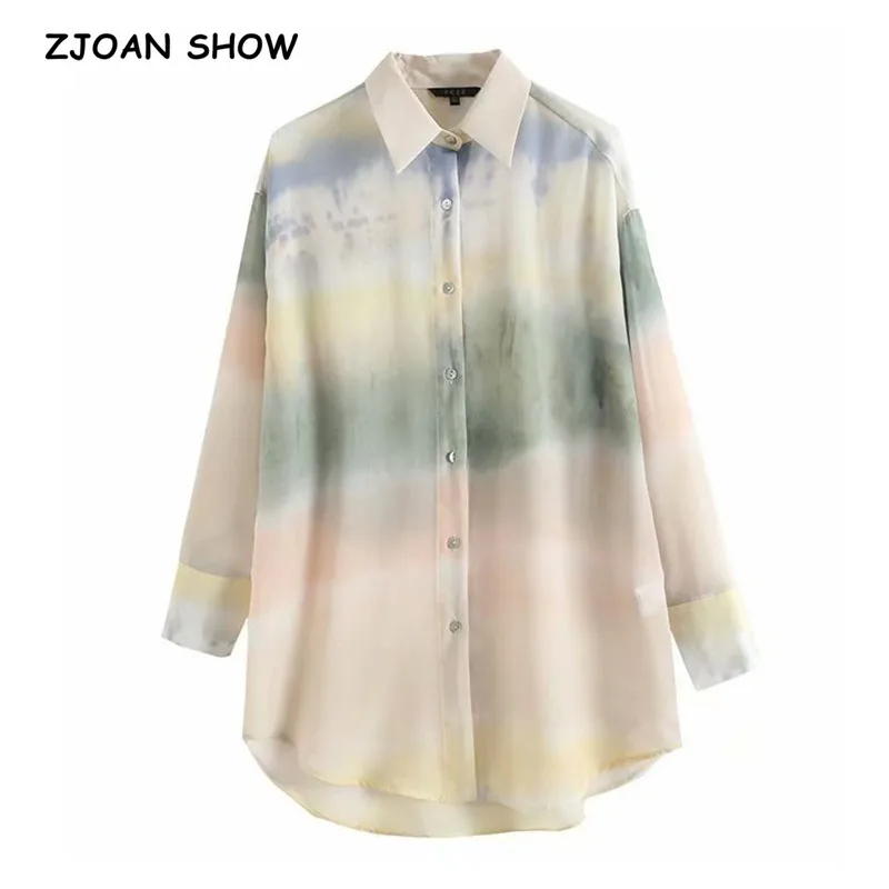 

2021 Vintage Single-breasted Buttons Long Sleeve Tie-dye Print Satin Shirt Women French style Ladies Lapel Causal blouses