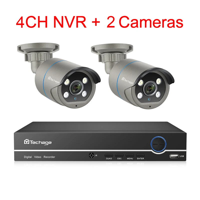 2 Cameras System Set Techage H.265 4CH 1080P POE NVR комплект CCTV система безопасности 2 способ аудио 2MP AI IP камера ИК наружный комплект видеонаблюдения 2 ТБ HDD - Цвет: 2 Cameras System Set