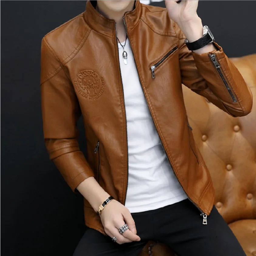 

2021Leather men's spring and autumn new Korean fashion youth leisure Joker collar leather jacket thin men's coat leather jacket