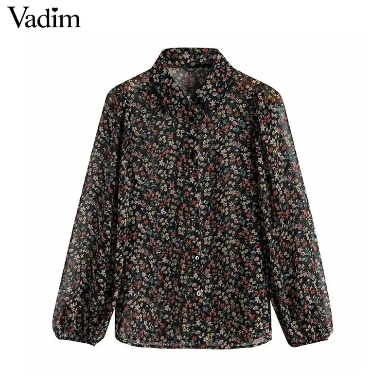 Вадим для женщин Винтаж цветочный узор печати Блузка шифон с длинным рукавом