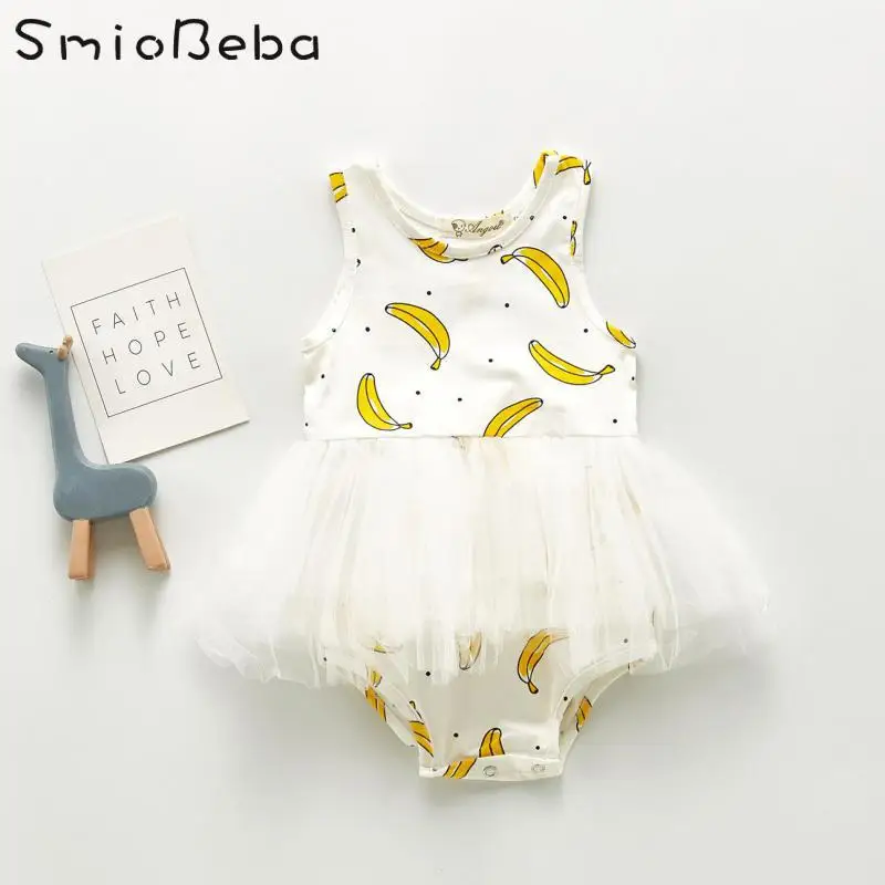 

2020 Summer Baby Girl's Sleeveless Korean Rompers Environmental Protection Print Banana Skirt Cotton Triangle Creeper Jumpsuits