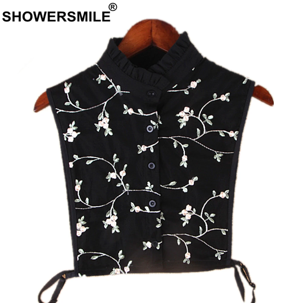 

SHOWERSMILE Black Chiffon Ladies Fake Collar Summer Detachable Collars for Women Flower Embroidery Female False Collar