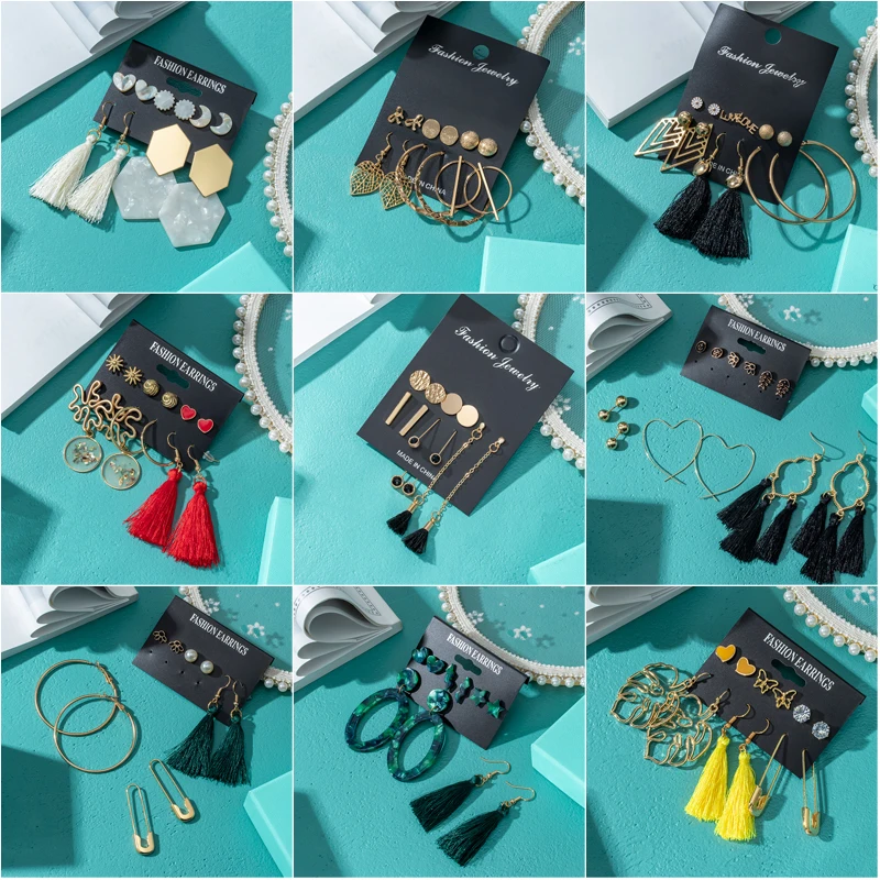 

2020 Women's Earrings Set Bohemian Pearl Tassel Earrings For Women Vintage Crystal Geometric Stud Earring Female Fashion Jewelry