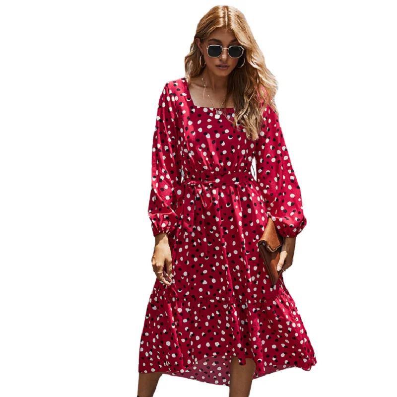 

2021 New Bohemian Print Dot Dress Women Autumn Long Sleeve Beach Dress Square Collar Lace-up Long Dress Elegant Party Vestidos