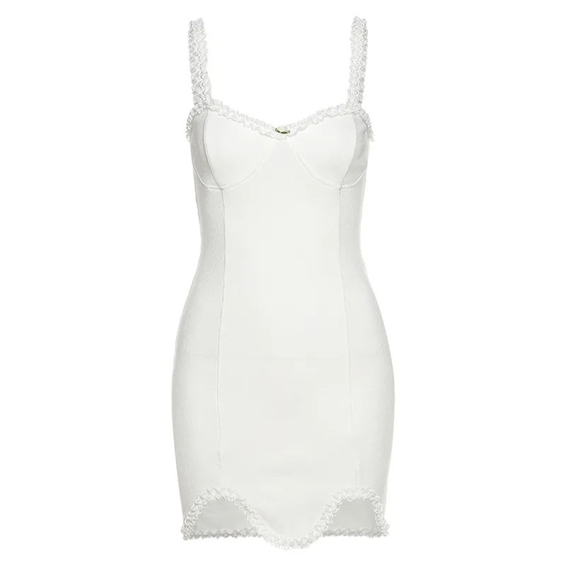 

Women Sexy V Neck Lace Up Ruffles Skinny Spaghetti Strap Sleeveless Backless Mini Dress Elegant Chic Harajuku High Street Casual