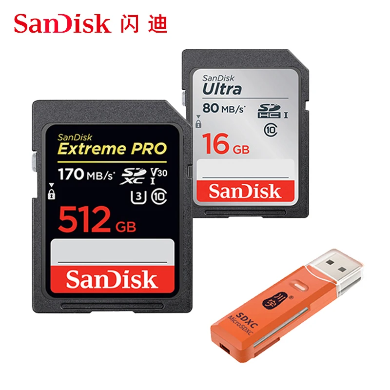 

Карта памяти SD SanDisk Extreme Pro/Ultra SD, 128 ГБ, 64 ГБ, 32 ГБ, 512 ГБ, 256 ГБ, 16 ГБ, 128 ГБ, U1/U3, 4K, V30, SDXC, SDHC