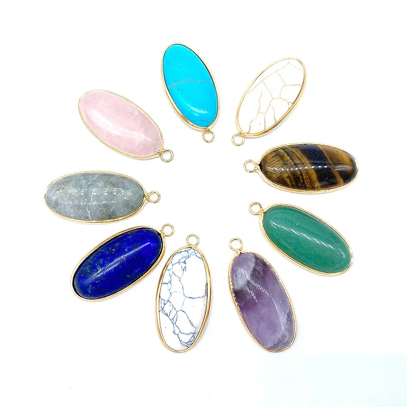 

10pcs 15x30mm Gold Plated Oval Stone Wrapped Crystal Turquoise Pendant Charms for DIY Dangle Earrings Necklace Jewelry Making