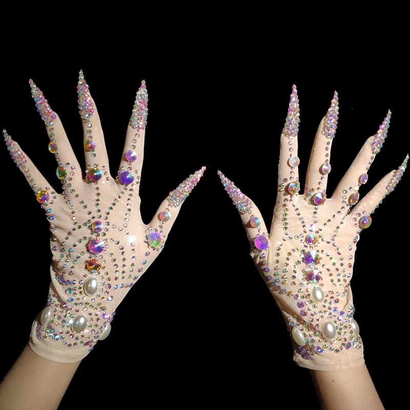 

Luxurious AB Rhinestone Pearls Gloves Women Fashion Crystal short Gloves Drag Queen Nightclub Stage Performance Show Accessories