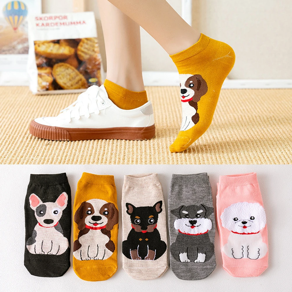 New 5 Pairs Cute Women Girls Short Cotton Socks Set Cartoon 3D Animal Cat Dog Print Kawaii Happy Funny Ankle Socks Surprise Gift