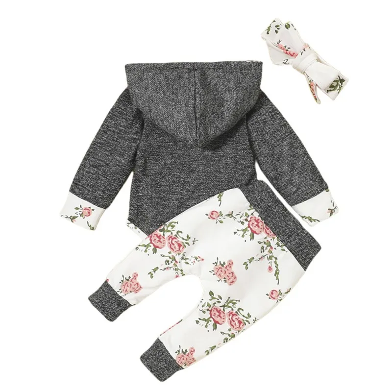 

0-18M Newborn Baby Boys Girls Clothing Set Stripe Long Sleeve Hooded Tops + Floral Trousers