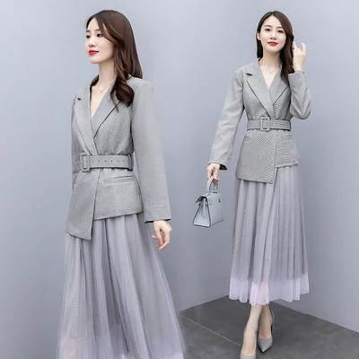 

Irregular Women Suits With Skirts Two Piece Skirt Suit Ensemble Femme Survetement Sashes Pleated Conbinaison Femme Clothes