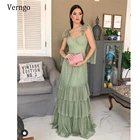 Verngo элегантное зеленое Тюлевое платье в горошек для выпускного вечера 2021 ТРАПЕЦИЕВИДНОЕ платье с бантом на бретелях многослойная юбка длинные вечерние платья