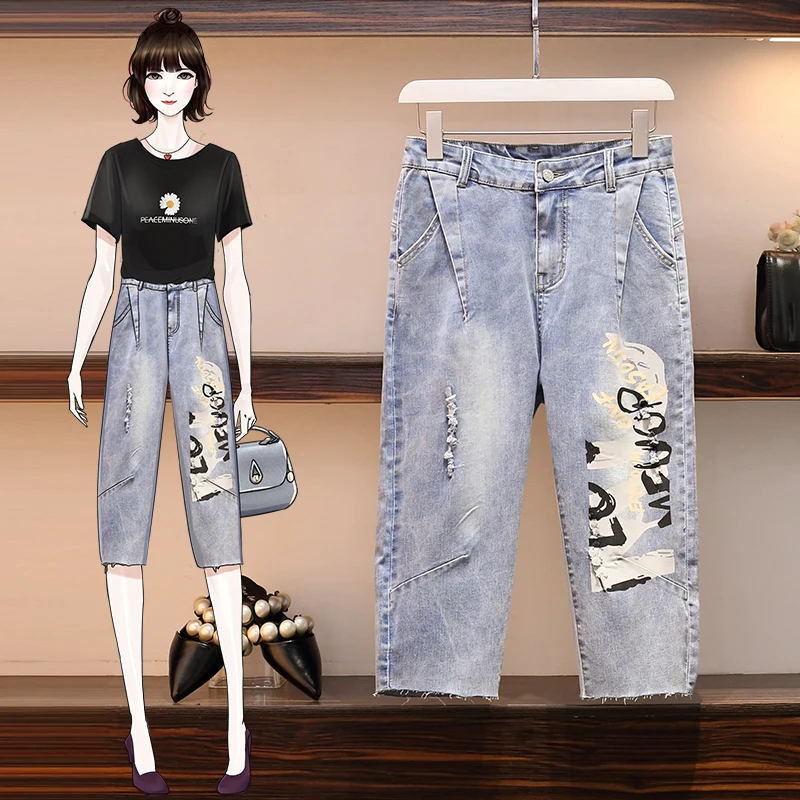 

2020 Summer Ripped Hole Jeans For Women Loose Fashion Print Calf-Length Pants Femme Denim Trousers Plus Size Women's Clothing