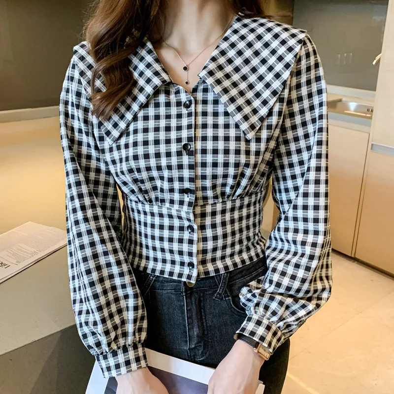 

Soft fabric women shirt autumn new grid button high waist casual big square collar long sleeve elegant office ladies blouse tops