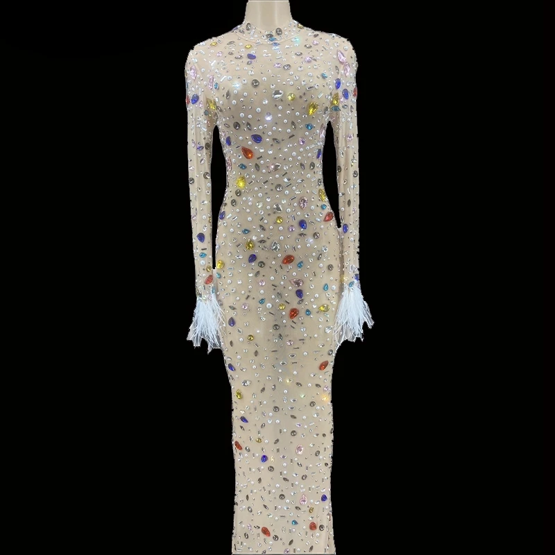 

Sparkly Rhinestones Fether Sleeves Long Dress Fashion Prom Gown Evening Sexy See Through Crystals Birthday Dress Party Outfit
