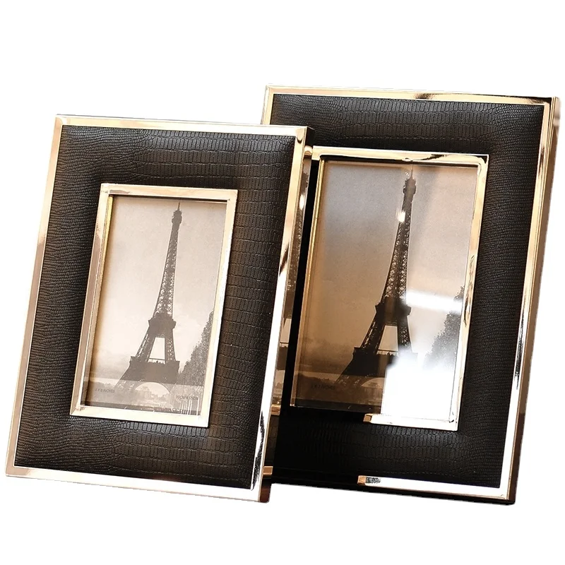 Marco de fotos de cuero blanco y negro para sala de estar, decoraci&oacute;n moderna para el hogar, marco de fotos de aleaci&oacute;n y cuero de cocodrilo de imitaci&oacute;n, regalo para amantes-4