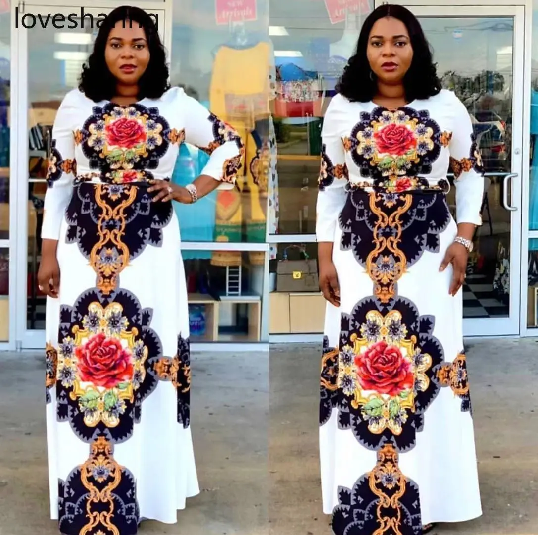 Платье с принтом женское платье розами и длинным рукавом круглым вырезом