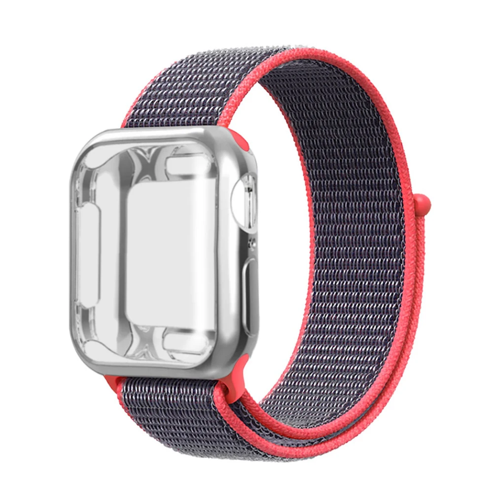 Нейлоновый ремешок+ чехол для Apple watch series 5/4/3/2/1, 42 мм, 38 мм, версия в едином положении во время занятий легкой атлетикой, ремешок для наручных часов iwatch, 40 мм 44 спортивный браслет - Цвет ремешка: Bright pink