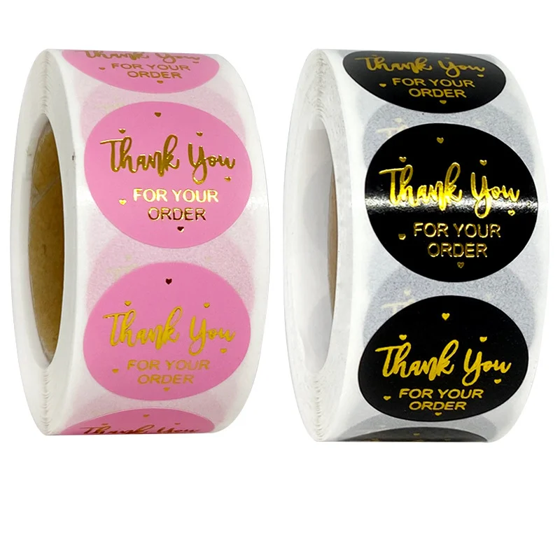 

500pcs Hot Gold Thank You Round Adhesive Paper Stickers Pink/Black Business Baking Sealing Labels Handmade DIY Packaging Sticker