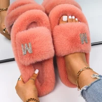 faux fur slides for women fluffy slippers flip flops indoor designer rhinestone letter m sandals crystal slippers custom shoes
