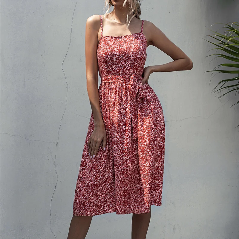 

Summer Women Floral Print Sling Sexy Dress Loose Casual Mid Waist Slash Neck Strapless Sleeveless Ladies Holiday Party Dress