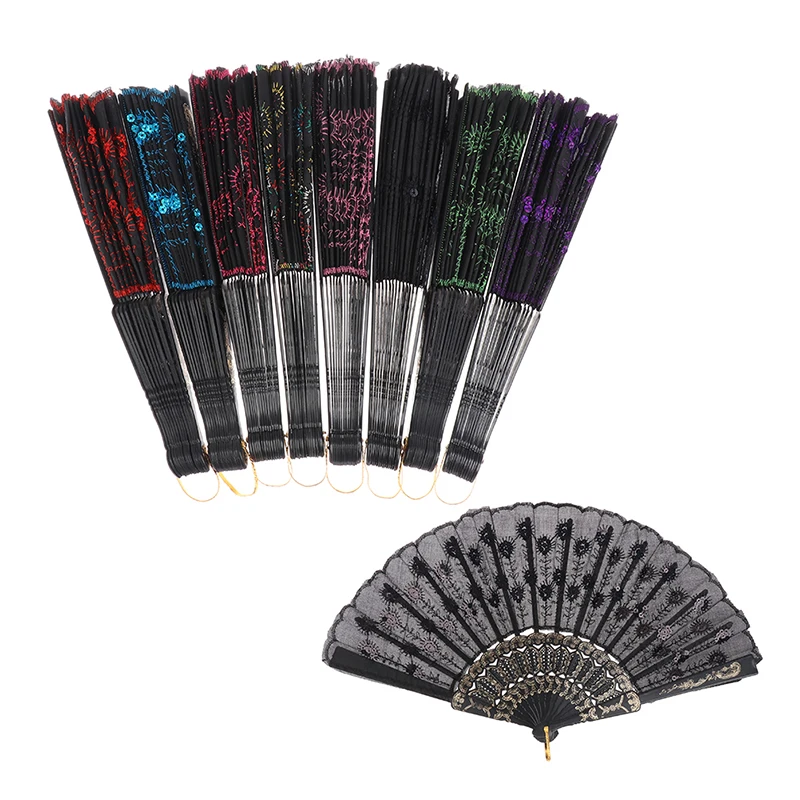 

Luxury Fashion Folding Fan Flower Lace Silk Wedding Dance Party Stage Performance Decoration Fashion Hot Stamping Hand Held Fan