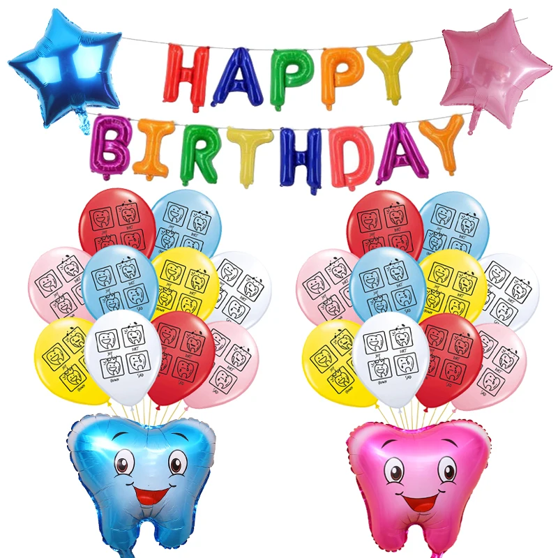 Латексные воздушные шары с изображением зубов из мультфильма голубые и розовые