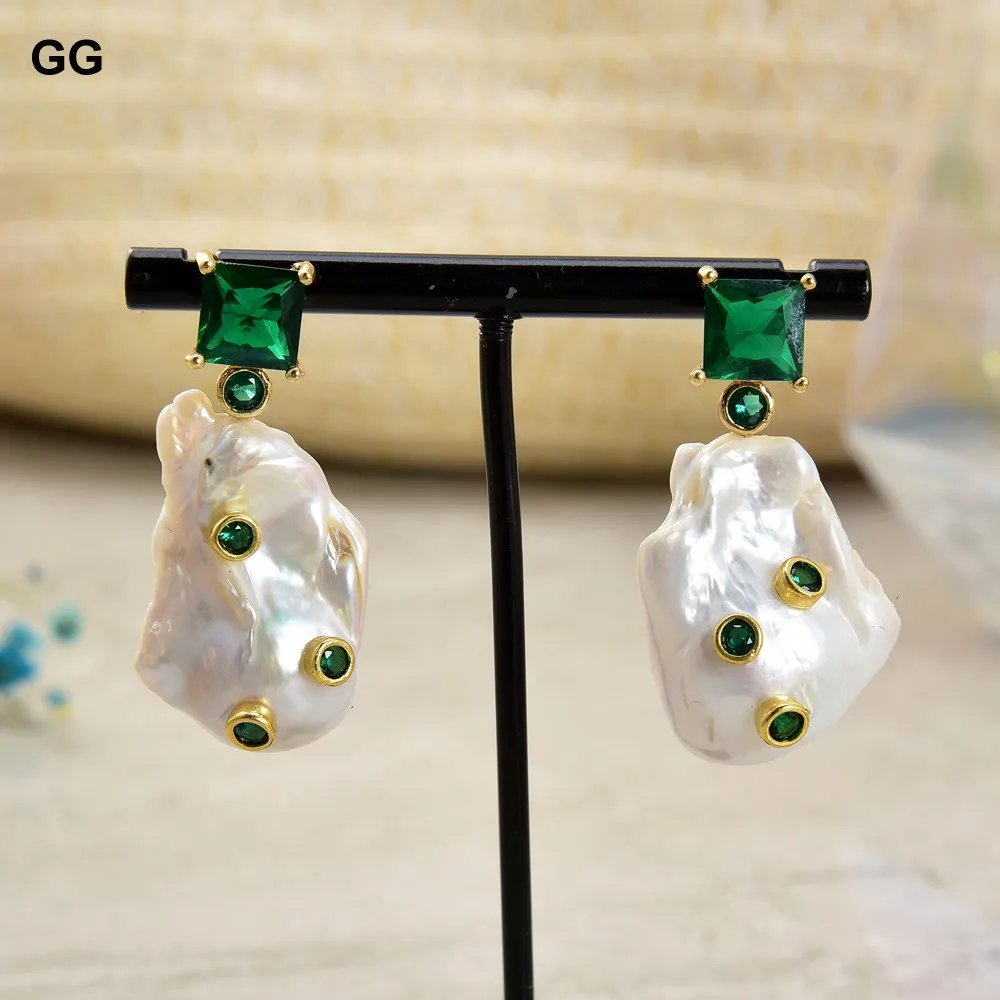 GG ювелирные изделия искусственный белый барочный жемчуг зеленый Cz Стразы серьги