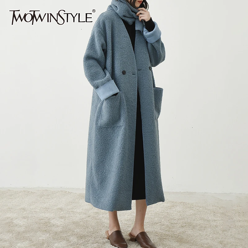 Женская куртка с шарфом TWOTWINSYLE Повседневная Свободная длинная из овечьей шерсти