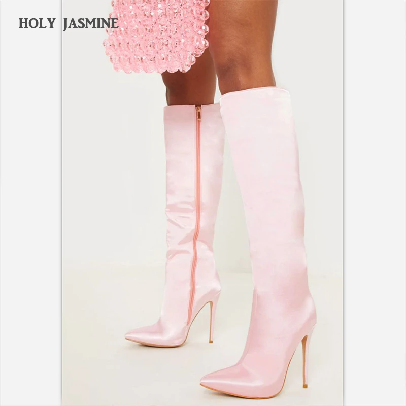 Женские сапоги на высоком каблуке 12 см молнии с острым носком весна осень