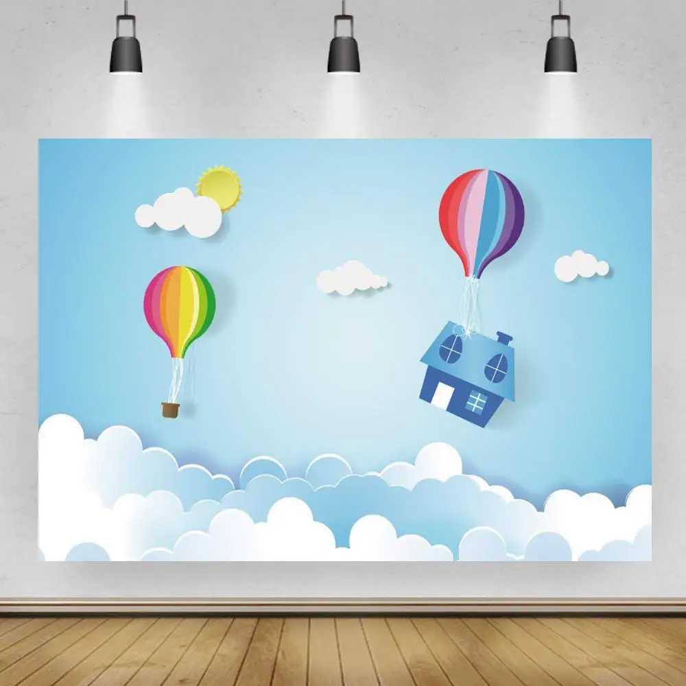 

Cartoon Blue Sky White Clouds Newborn Baby Shower Photography Backdrops Hot Air Balloons Kids Birthday Cake Table Backgrounds