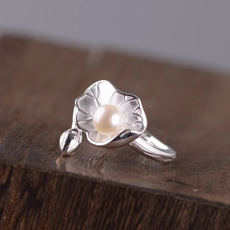 

FNJ Lotus Flower Ring 925 Silver Adjustable Size 100% Original Real Pearl S925 Solid Silver Rings for Women Jewelry Fine
