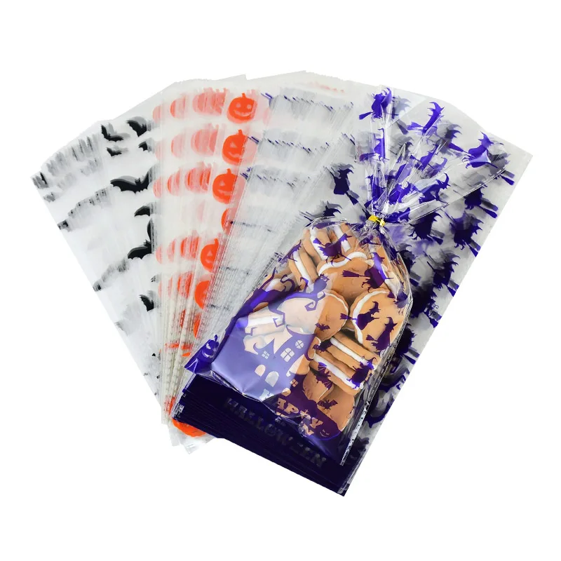 

50pcs Halloween Decoration Pumpkin Witch Bat Design Candy Bag Transparent Cellophane Food Plastic Cookie Bags Party Gifts Decor