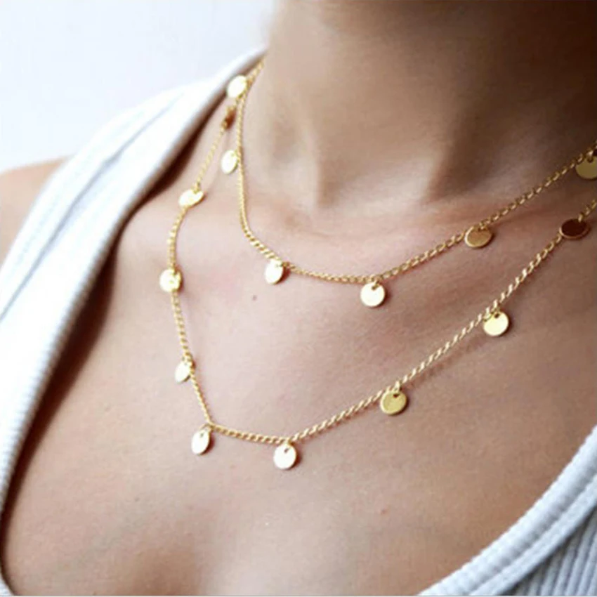 Длинное ожерелье свитер диск кулон вокруг Золото Серебро Цвет покрытый