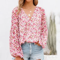 2021 autumn blouses and shirts women fashion long sleeve v neck floral print pullover tops female casual vintage blouse