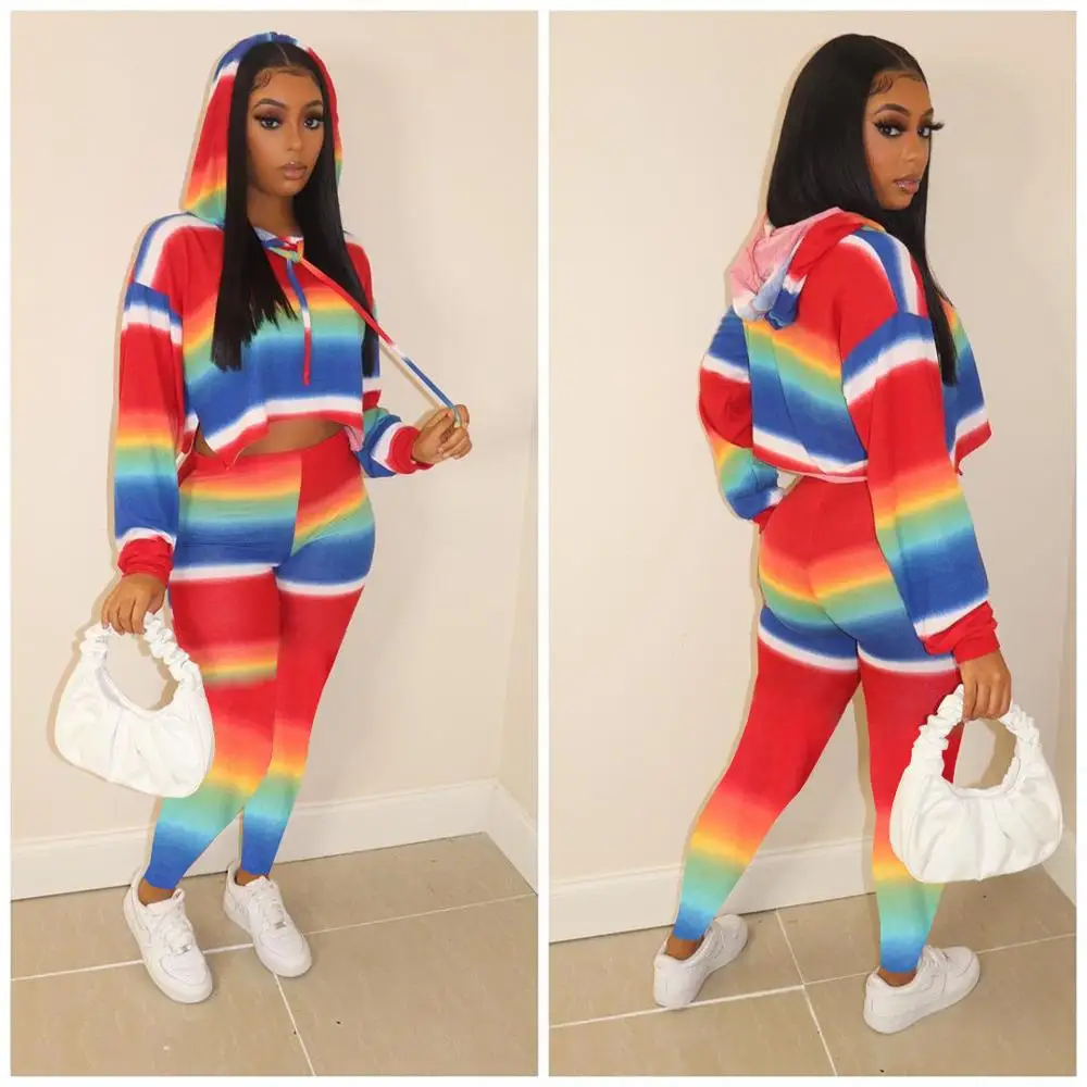 

Autumn new fashion multicolor striped print sports two piece casual hooded long sleeve top and trousers women's set