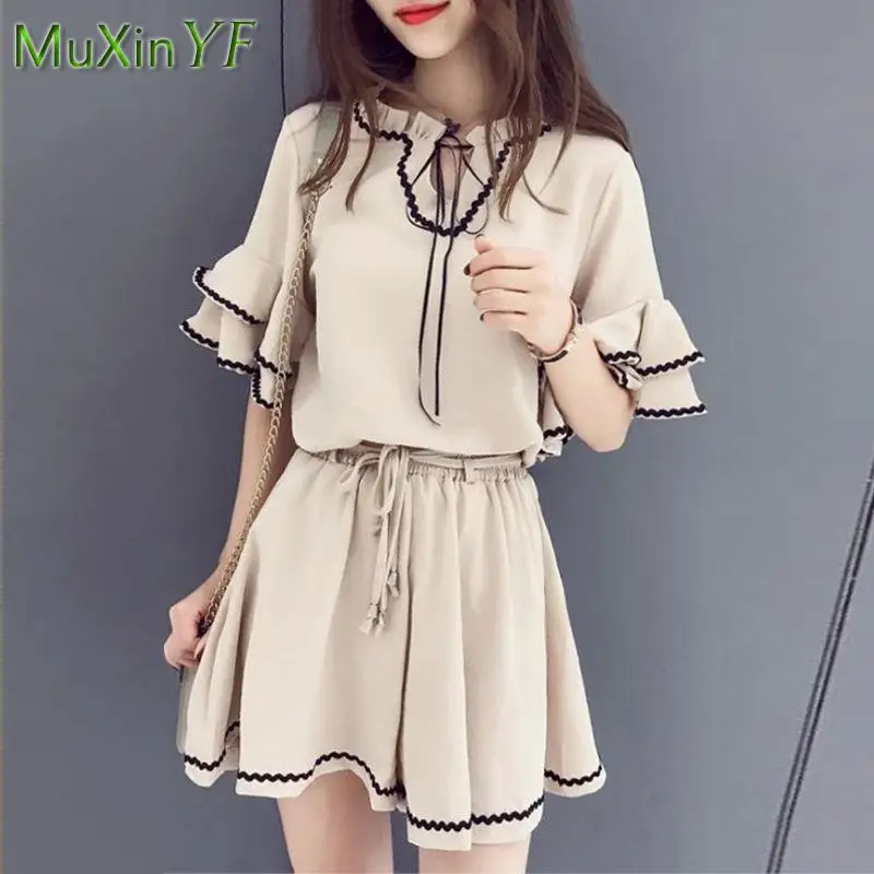 

Women's Shorts Suit 2021 New Vintage Loose Lotus Leaf Sleeve Chiffon Blouse Pants Two-piece Korean Fashion Plus Size Clothes Set