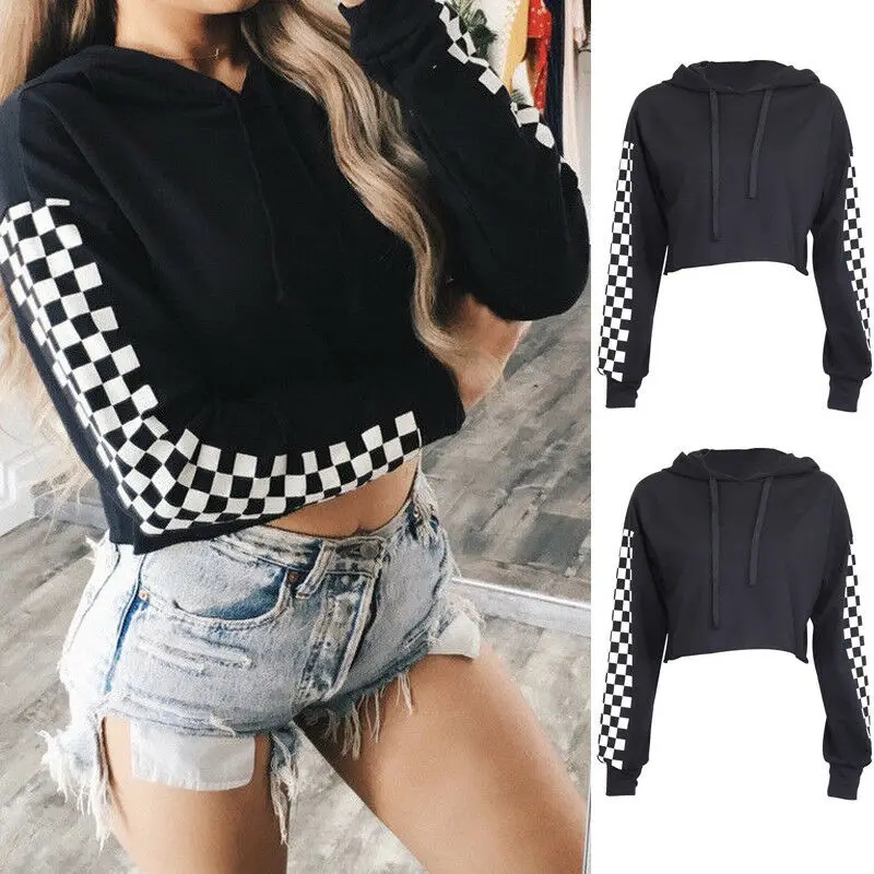 Goocheer New Women Hoodie Long Sleeve Loose Black Sweatshirts Women Tracksuits Tops  Plaid Hooded Hoodies Autumn Sweatshirt
