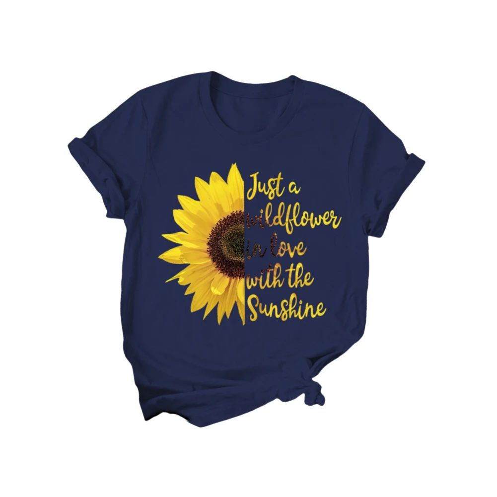 

flower Print Women t-shirt Cotton Casual t shirt Women Casual Chrysanthemum Letters Print Round Neck Blouse Short Sleeve T-shirt