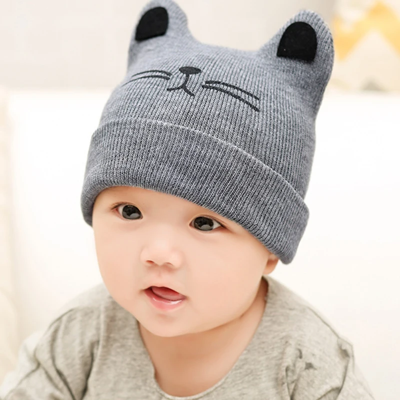 Cute Cat Knitted Woolen Baby Hats Turban Warm Bonnet Caps Solid Soft Hat For Childern Girls Boys Elastic Beanies Autumn Winter | Детская