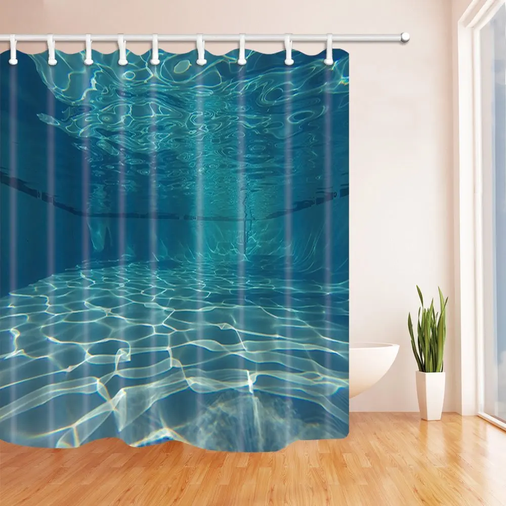 Summer Vacation Decor Underwater View in Swimming Pool Polyester Fabric Waterproof Shower Curtains Shower Curtain Blue