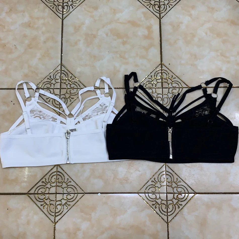 

Ailigou Summer 2021 New Fashion Lace Cames Ribbon Design Sexy Hollow Celebrity Party Club Bandage Crop Top