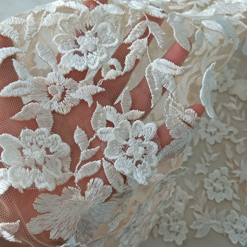Незамкнутая белая Цветочная вышивка абрикосовая сетчатая ткань для свадебного