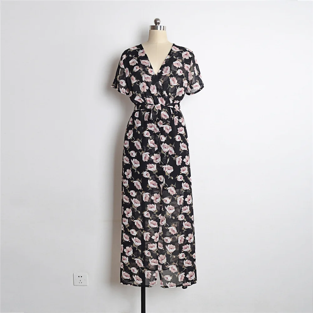 

2021Summer Dress Women Sexy Vintage Floral Print Deep V Neck High Split Boho Beach Dress Casual Long Party Maxi Harajuku Dresses