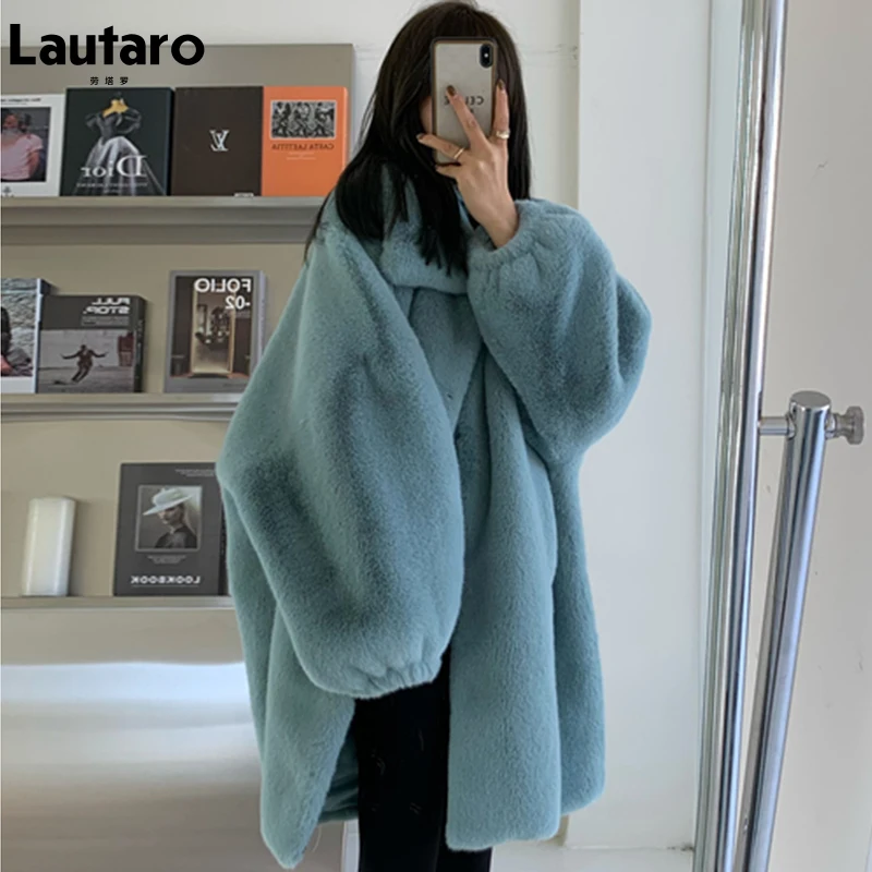 Lautaro Winter Long Oversized Warm Soft Fluffy Faux Fur Coat Women Drop Shoulder Sleeve Casual Loose Korean Fashion 2021 | Женская
