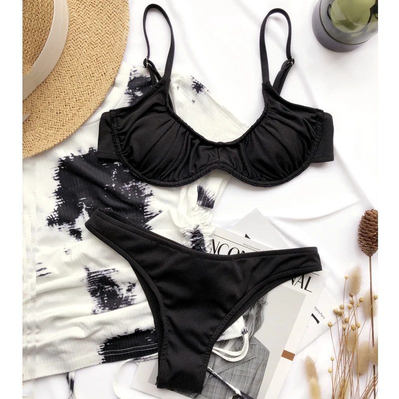 

Sexy Underwire Push Up Bikini Set Solid Ribbed Swimsuit Women High Cut Swimwear Women Elegant Beach Wear Bathing Suit Biquini