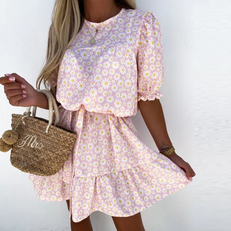 

Women Floral Print Dress 2021 Summer Boho Short Sleeve Ruffle Holiday Sundress High Waist Female Elegant Slim Party A Line Dress