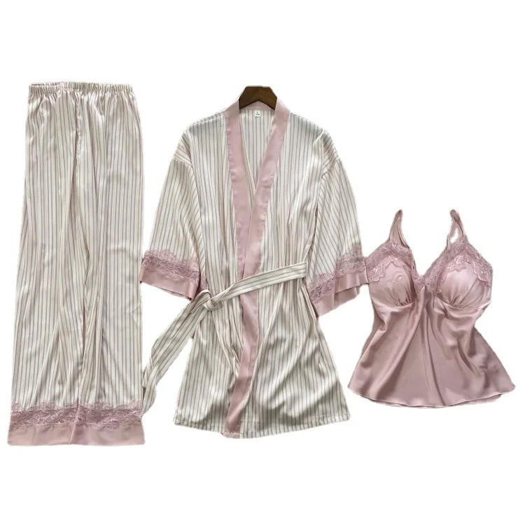 

Burgundy Spring New Arrival Nightwear 3PCS Pajamas Suit Women Sleep Set Novelty Striped Homewear Sexy Lace Pyjamas Sleepwear