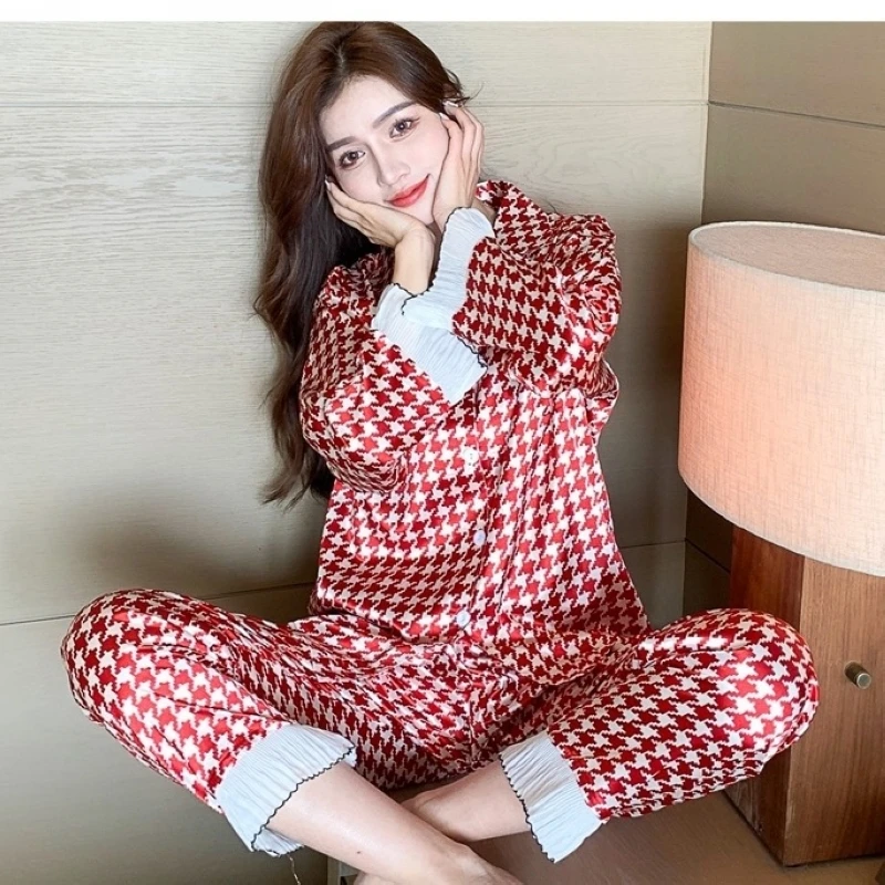 

Pajamas women's spring and autumn fashion new ice silk long-sleeved lace sweet and cute home service two-piece suit