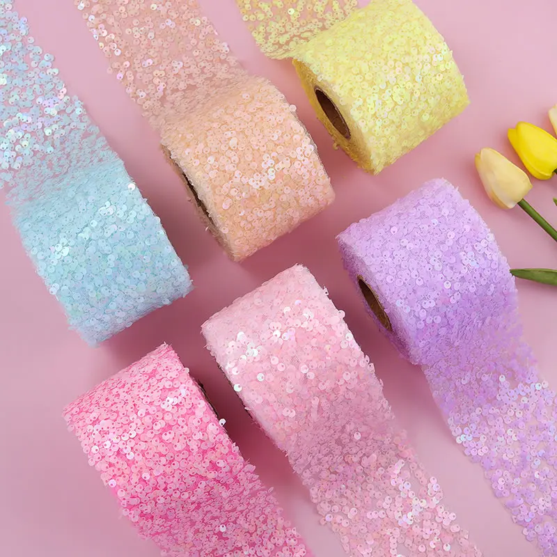 Лента из тюля с блестками и цветочным узором, шириной 6 см и 8 см, длиной 10 ярдов, для изготовления ручных работ, бантиков, ободков и туту.